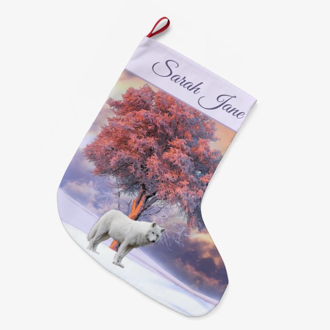 Weißer Wolf im Winter | Rosa Weihnachten Strumpf Großer Weihnachtsstrumpf (Vorderansicht (hängend))
