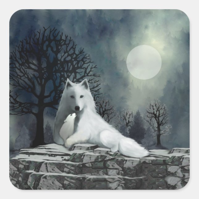 Weißer Wolf mit Aufklebern Quadratischer Aufkleber (Vorderseite)