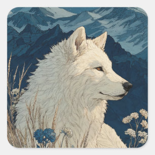 Weißer Wolf mit blauen Blumen und schneebedeckten  Quadratischer Aufkleber