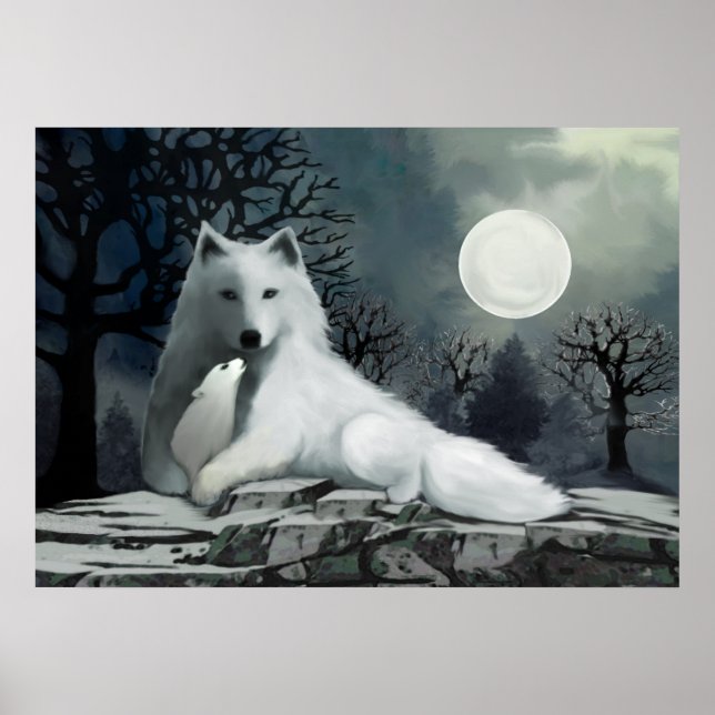 Weißer Wolf mit Pup Poster (Vorne)
