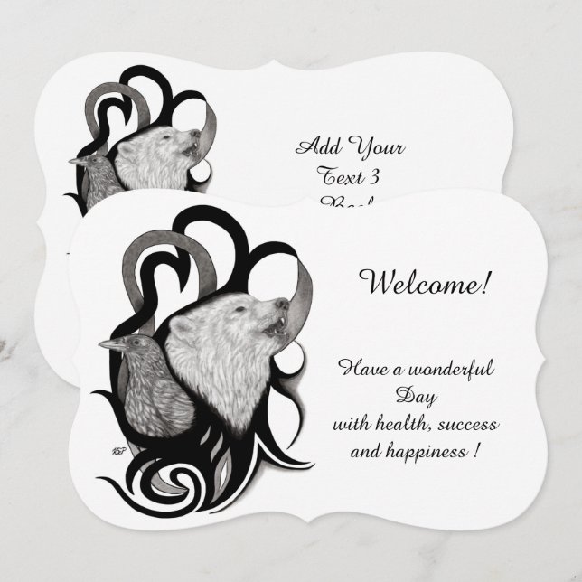 Weißer Wolf mit Raven , deinen Text hinzufügen Einladung (Vorne/Hinten)