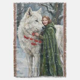 Weißer Wolf Rotschopf Druidin Winterbeeren Fantasy Decke