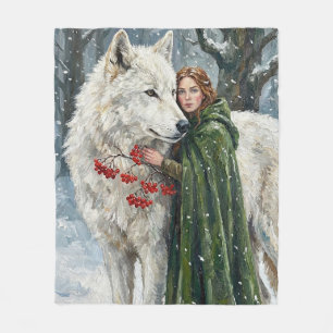 Weißer Wolf Rotschopf Druidin Winterbeeren Fantasy Fleecedecke