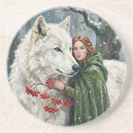 Weißer Wolf Rotschopf Druidin Winterbeeren Fantasy Getränkeuntersetzer