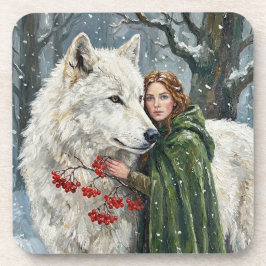 Weißer Wolf Rotschopf Druidin Winterbeeren Fantasy Getränkeuntersetzer