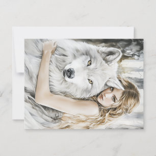 Weißer Wolf und Mädchen Postkarte