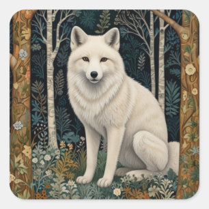 Weißer Wolf Vintage Boho Waldlandschaft Quadratischer Aufkleber