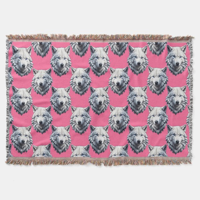 Weißer Wolfkopf-Muster-Design Rosa  Decke (Vorderseite)