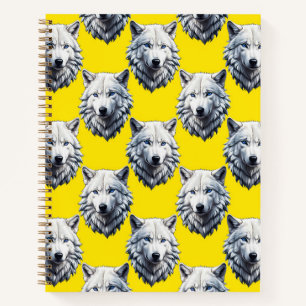 Weißer Wolfkopf-Musterdesign Gelb Notizbuch