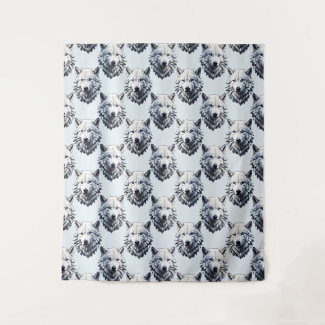 Weißer Wolfkopf-Musterdesign - Weiß  Wandteppich (Vorderseite)