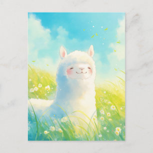 Weißes Alpaka auf sonniger Wildblumenwiese Postkarte