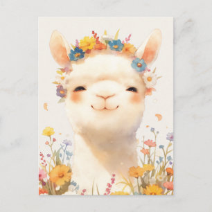 Weißes Alpaka mit farbenfroher Wildblumenkrone Postkarte