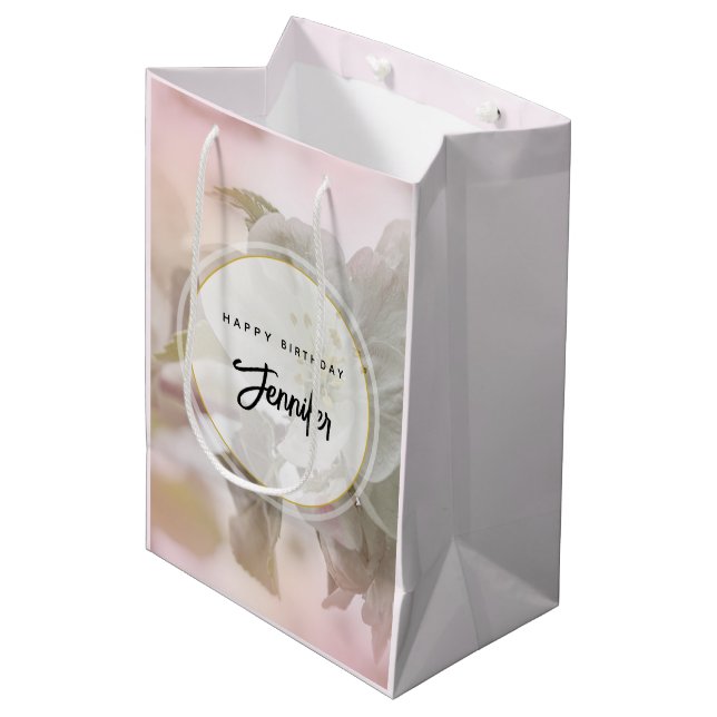 Weißes Apfelblütenfoto Mittlere Geschenktüte (Vorderseite Schrägansicht)