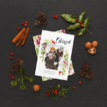 Weißes Aquarellgrün 1 Foto Weihnachtsrot Feiertagskarte<br><div class="desc">Selig rot grünes Blattwerk Weihnachtsfeiertag Karte. Schönes Aquarell mit bemaltem Blattwerk und modernem Skripttext. Teil einer Sammlung.</div>