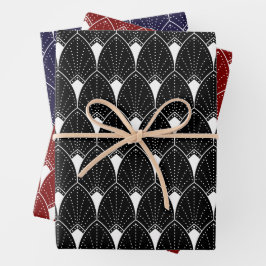 Weißes Art Deco-Muster auf Schwarz Geschenkpapier Set