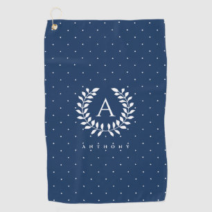 Weißes auf blauem Lorbeer-Monogramm-Polka-Punkt-Mu Golfhandtuch