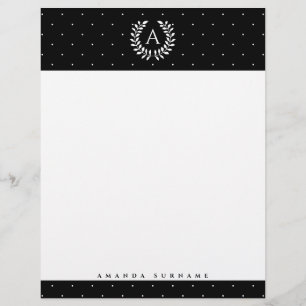 Weißes auf schwarzem Lorbeer-Monogramm-Polka-Punkt Briefbogen