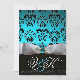 WEIßES BAND AQUA BLAU SCHWARZER DAMAST MONOGRAMM EINLADUNG