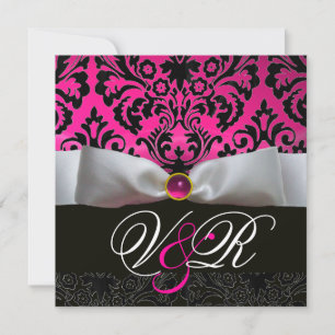 WEIßES BAND ROSA FUCHSIE  SCHWARZ  DAMAST MONOGRAM EINLADUNG