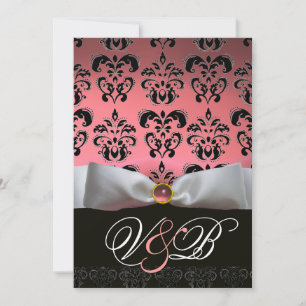 WEIßES BAND ROSA  SCHWARZER DAMAST MONOGRAMM EINLADUNG