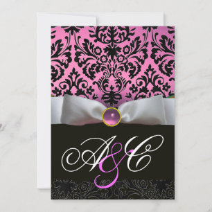 WEIßES BAND ROSALILA  SCHWARZ  DAMAST MONOGRAMM EINLADUNG