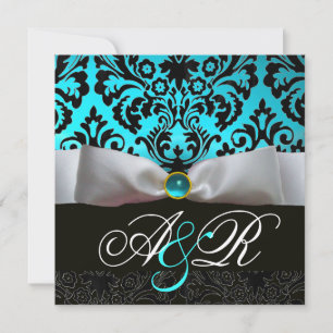 WEIßES BAND TEAL AQUA BLAU SCHWARZ  DAMAST MONOGRA EINLADUNG
