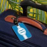 Weißes Band und ovales Schild mit Monogramm auf bl Gepäckanhänger<br><div class="desc">Ein Gepäckanhänger in blau mit dem Monogramm auf einem weißen ovalen Schild mit einer Band. Aus Sicherheitsgründen sollten Sie Ihre Adresse niemals auf einem Gepäckschild sichtbar machen. Deshalb finden Sie auf der Rückseite nur für Ihren Namen,  Telefonnummer und E-Mail-Adresse.</div>