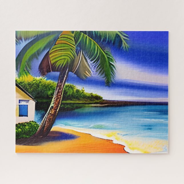 Weißes Beach House und Blaues Wasser (Horizontal)