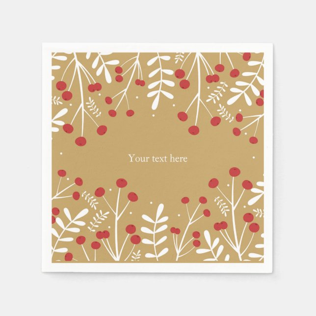 Weißes Blätter & Berries Goldener Weihnachtsfest Serviette (Vorderseite)