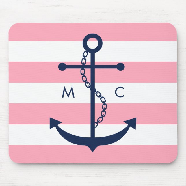 Weißes blaues rosa Monogramm Stripes Anker Mousepad (Vorne)