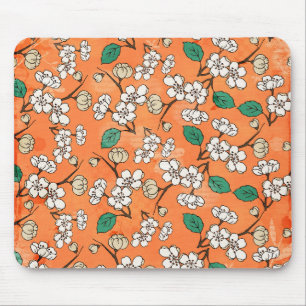Weißes Blumendesign in Orange Mousepad