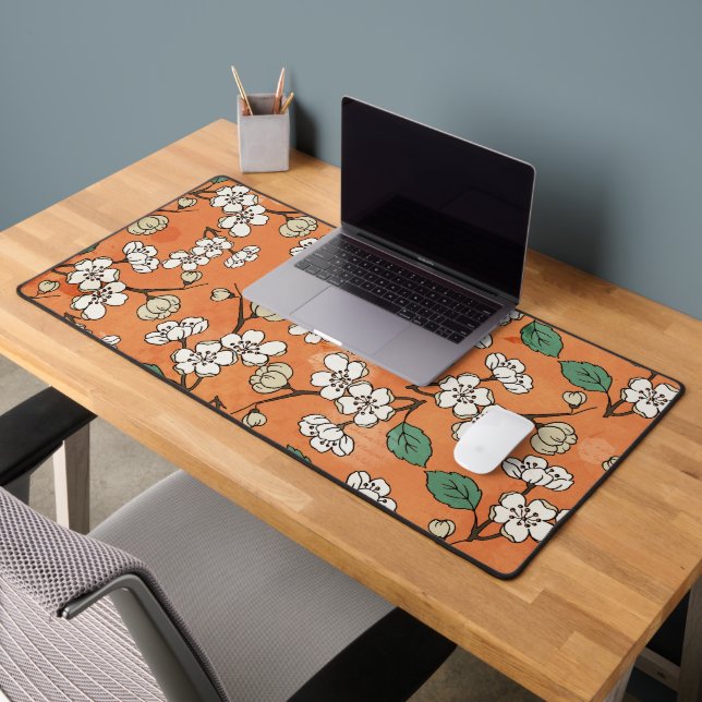 Weißes Blumendesign in Orange Schreibtischunterlage (Büro 2)