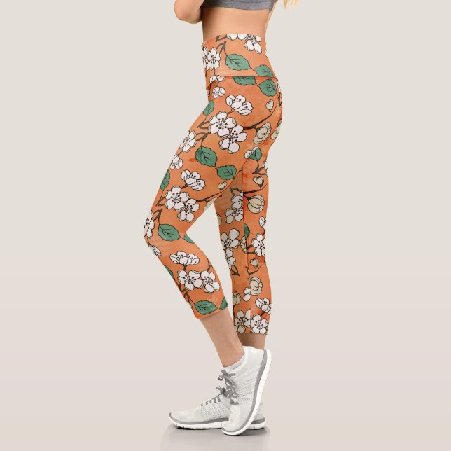 Weißes Blumendesign Orange Capri Leggings (Links)