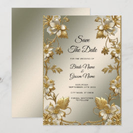 Weißes Blumengold Save the Date Verziert