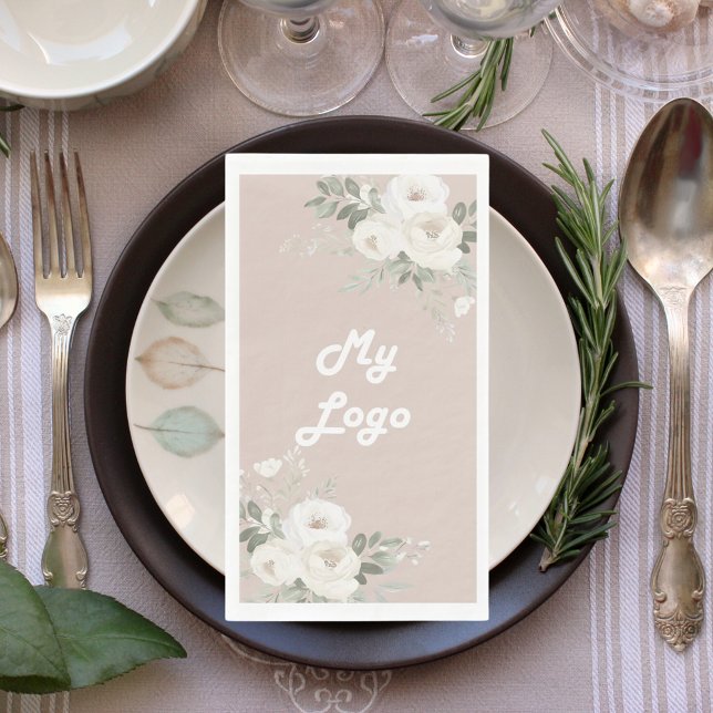 Weißes Blumenmuster, beigefarbenes Firmenlogo Serviette (Von Creator hochgeladen)