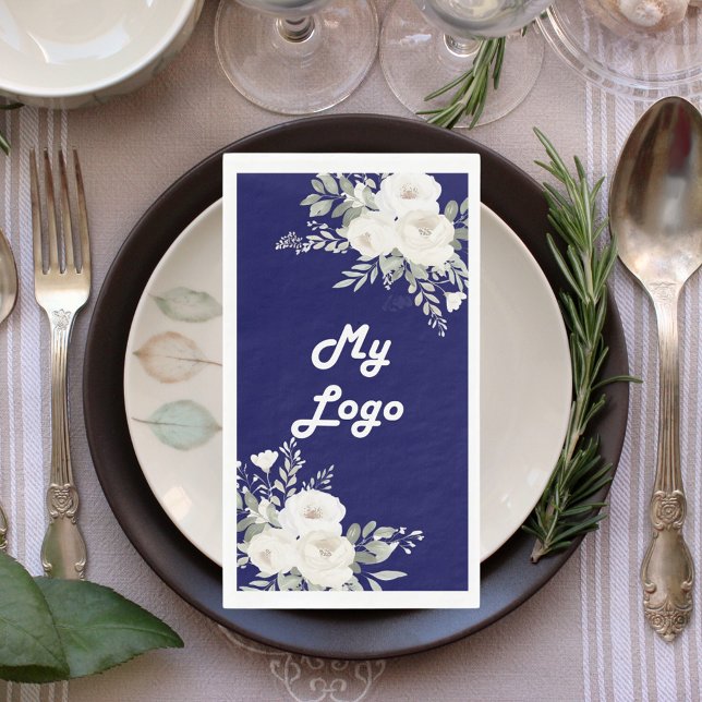 Weißes Blumenmuster, blaues Firmenlogo Serviette (Von Creator hochgeladen)
