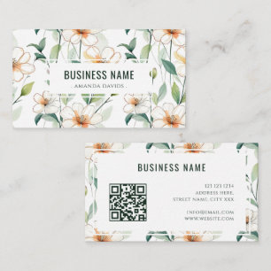 Weißes Blumenmuster Grüne Grünpflanzen QR-Code Visitenkarte