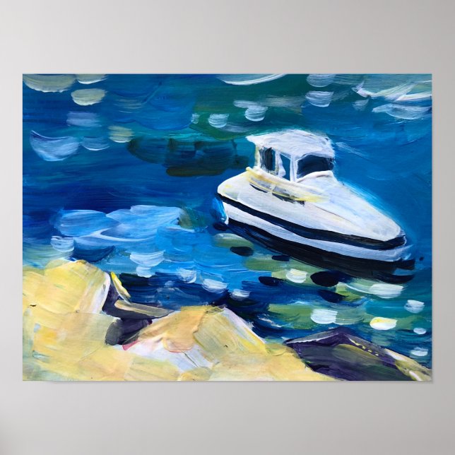 weißes Boot am Meer Poster (Vorne)