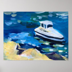 weißes Boot auf dem Meer Poster