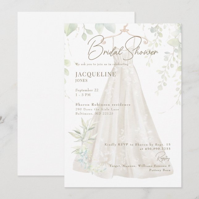 Weißes botanisches Hochzeitskleid Brautparty II Einladung (Vorne/Hinten)