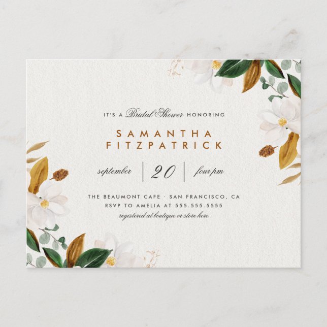 Weißes Brautparty Magnolia Einladungspostkarte (Vorderseite)