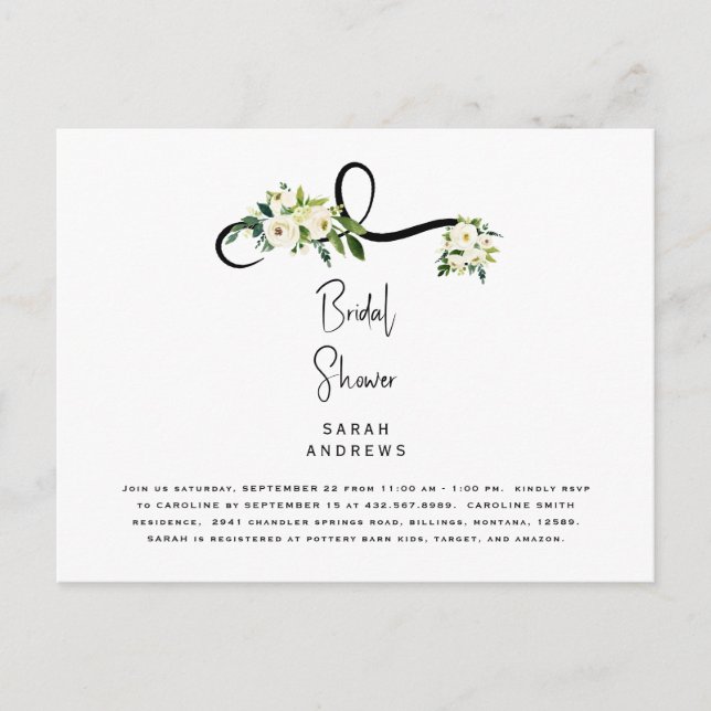 Weißes Brautparty mit Blumen Elegante Einladung Postkarte (Vorderseite)