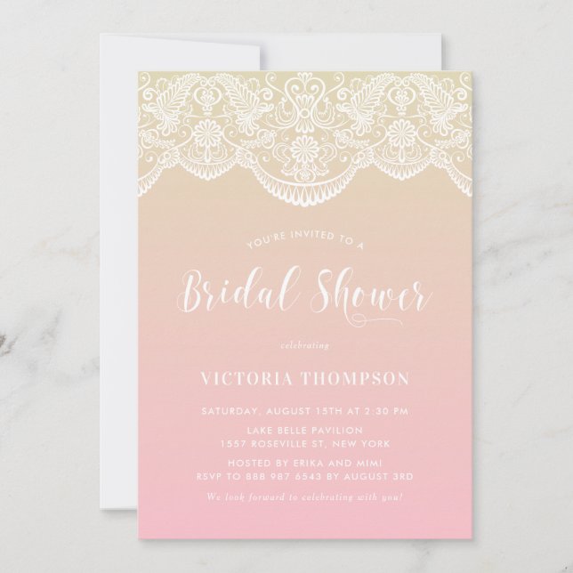 Weißes Brocade Lace Pink Ombre Brautparty Einladung (Vorderseite)