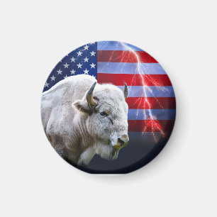 Weißes Buffalo mit amerikanischer Flagge und Blitz Magnet
