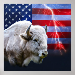 Weißes Buffalo mit amerikanischer Flagge und Blitz Poster