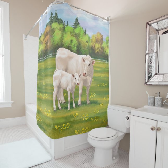 Weißes Charolais Kuh und Niedliches Rindfleisch Ri Duschvorhang (Beispiel)