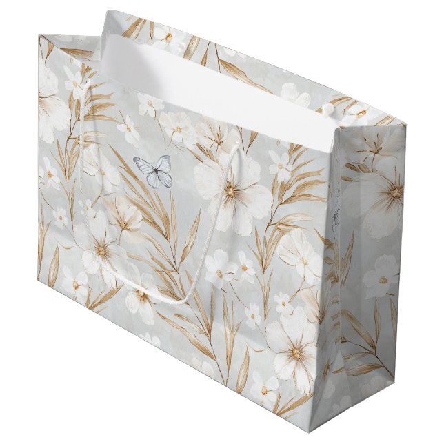 Weißes Creme Blume Blaue Schmetterlinge Brautparty Große Geschenktüte (Vorderseite Schrägansicht)