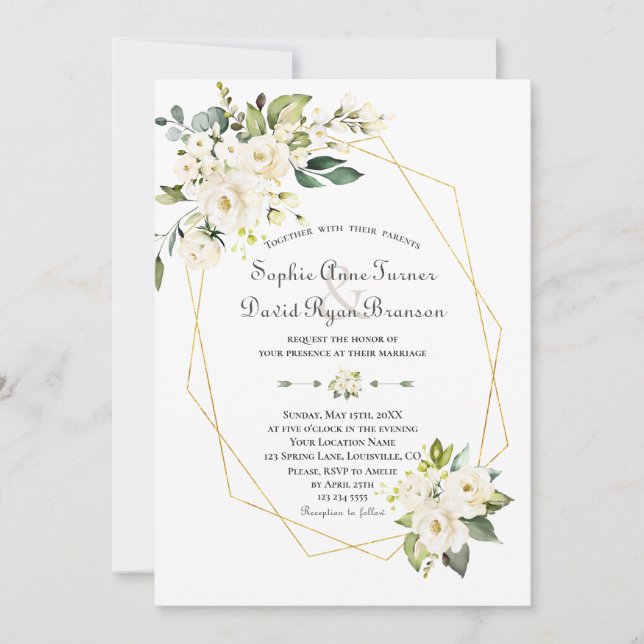Weißes Creme Blume Goldrahmen Hochzeit Einladung (Vorderseite)