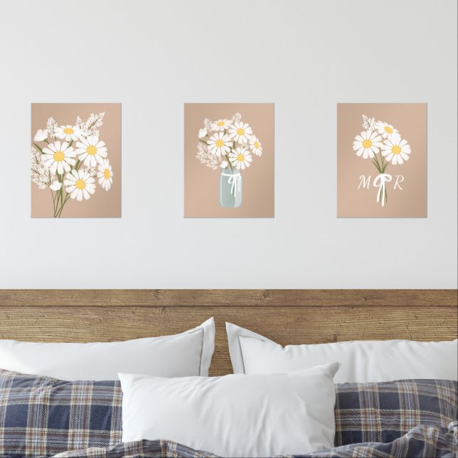 Weißes Daisy-Blume Monogramm Beige Set 3 (Schlafzimmer)