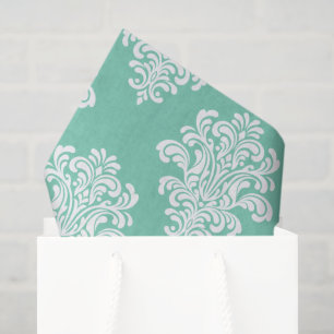 Weißes Damaskatmuster auf Aqua Seidenpapier